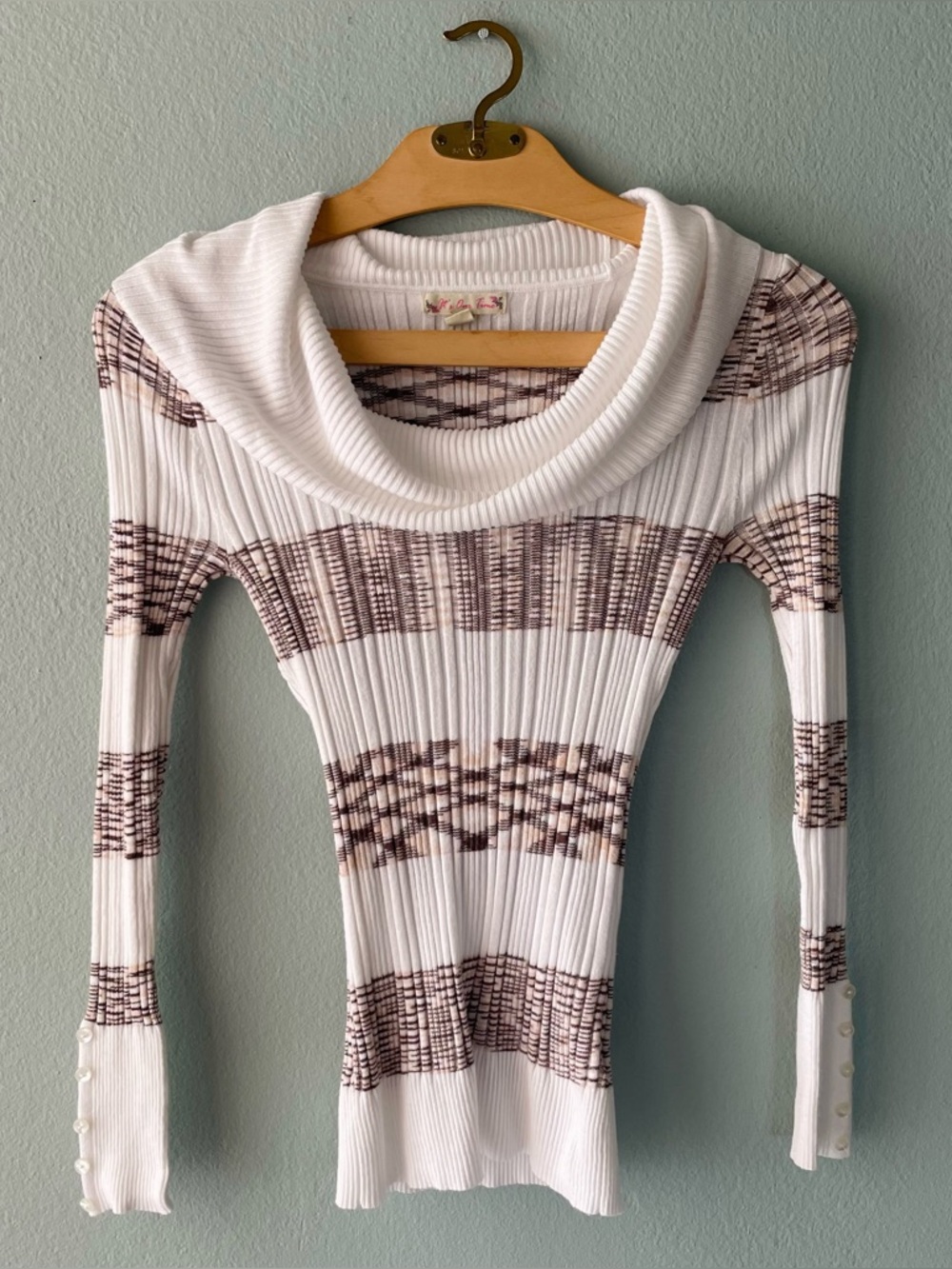 ♦️5/$15♦️ It’s Our Time | White & Brown Stretchy Ribbed Cowl Neck Sweater